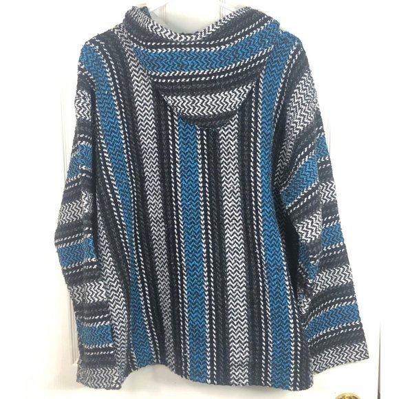 Baja Joe Sweater Men's Large Grey & Blue Hoodie Knit Poncho Long Sleeve Pockets. - Picture 2 of 7